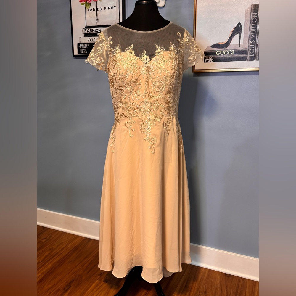 Taupe Sequin High Low Dress with Flutter Cap Sleeves Size 18W